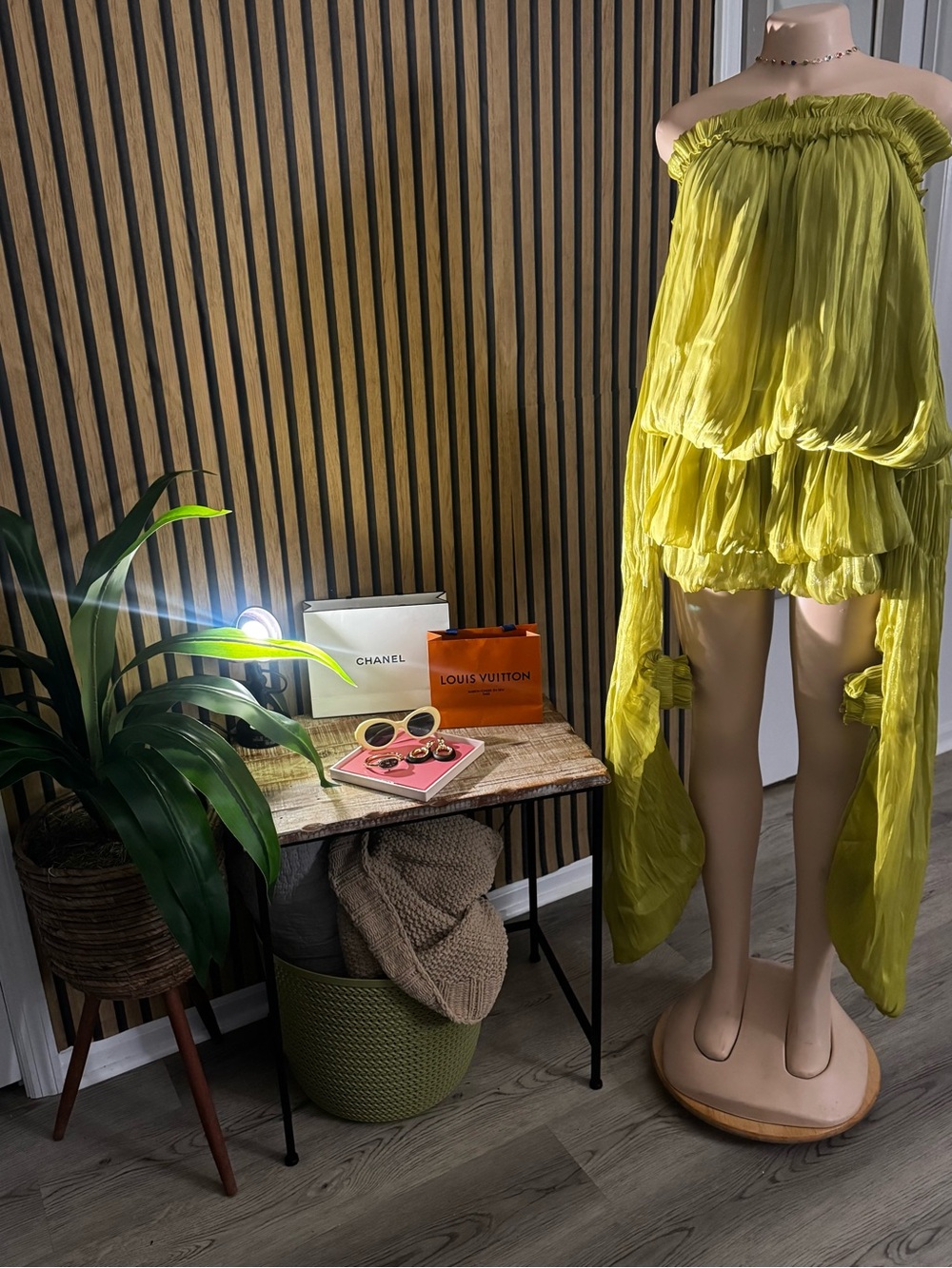 Off-Shoulder Lime Green Layered Mini Skirt with Draped Tail